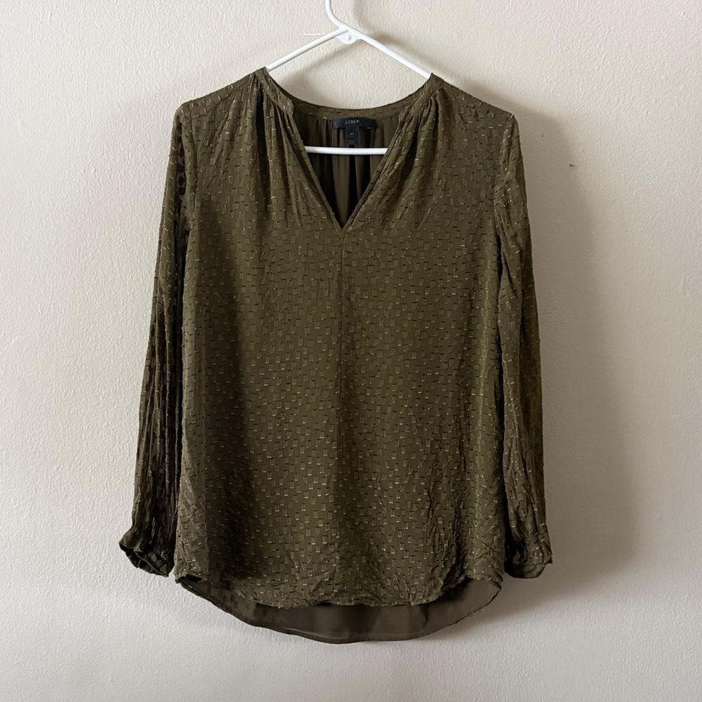 J. Crew Silk Blend Olive Green Clip Dot V-Neck Blouse Top Size 4 Tall
